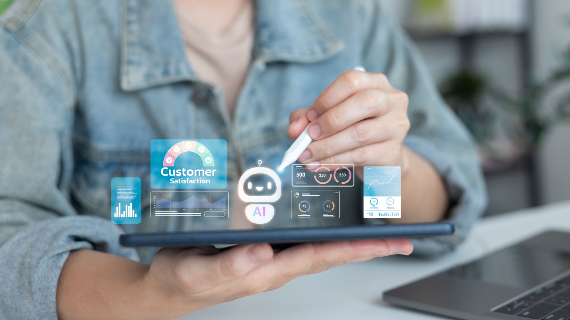 Close-up hand using a tablet with a stylus showing an AI analytics dashboard, customer satisfaction data, chatbot assistant, digital business intelligence, and technology innovation concept.