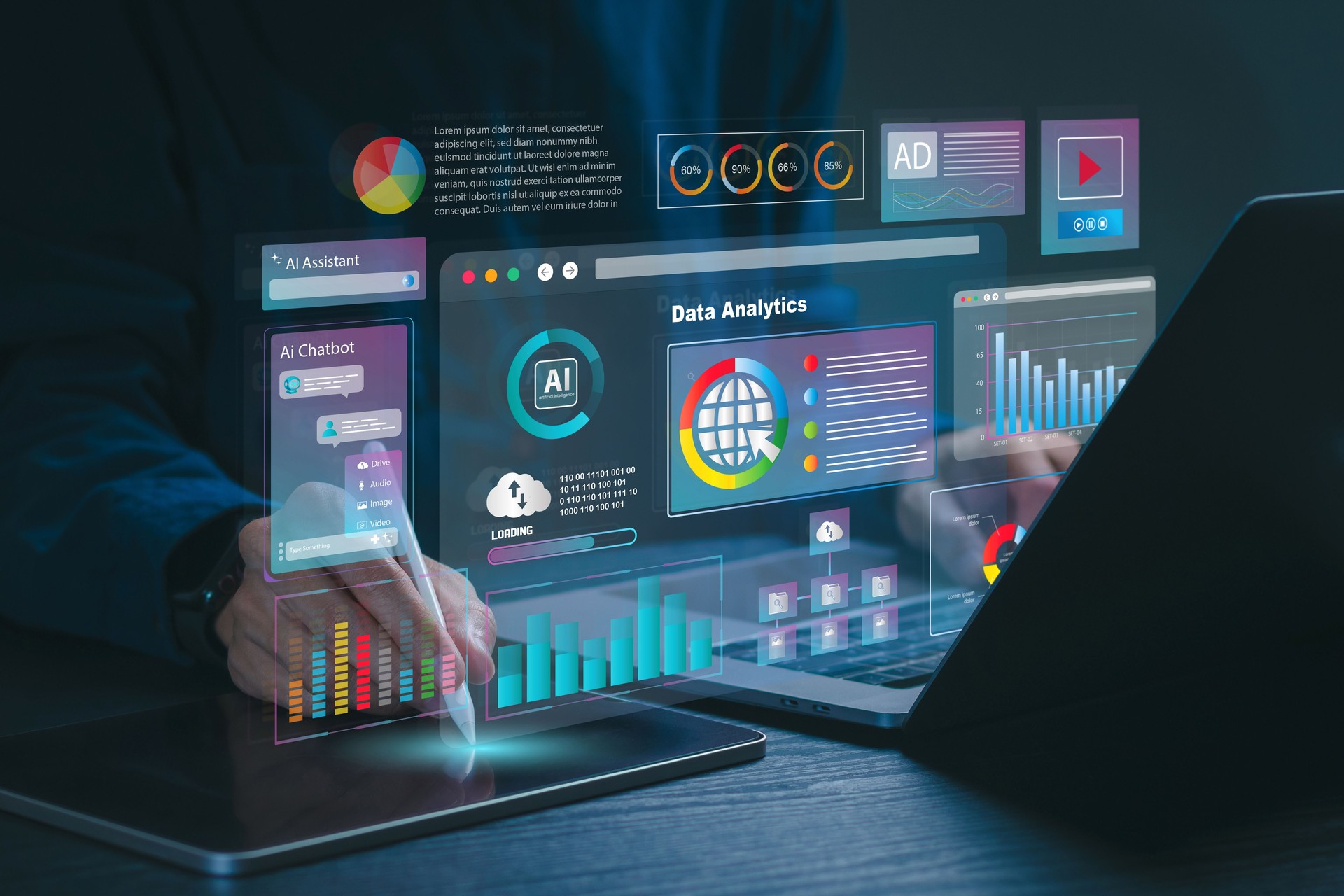 Data analytics automated with AI technology. Businessman use laptop and dashboard for Automating Data Management Analytics and Business Reports with KPIs. Database. Sales. Marketing. AI chat bot.